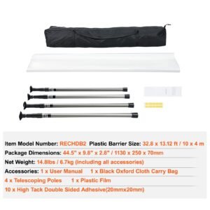 dust barrier poles, 12 ft dust barrier system with 4 telescoping poles, 32.8x13.12 ft plastic film, and carry bag, for interior decoration and painting projects