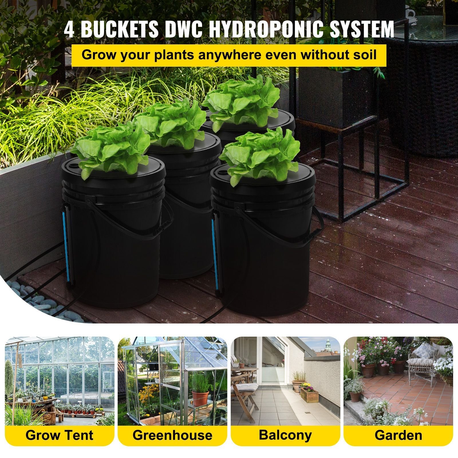 dwc hydroponic system, 5 gallon 4 buckets, deep water culture growing bucket, hydroponics grow kit with pump, air stone and water level device, for indoor/outdoor leafy vegetables