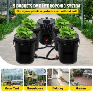dwc hydroponic system, 5 gallon 5 buckets, deep water culture growing bucket, hydroponics grow kit with pump, air stone and connected reservoir, for indoor/outdoor leafy vegetables