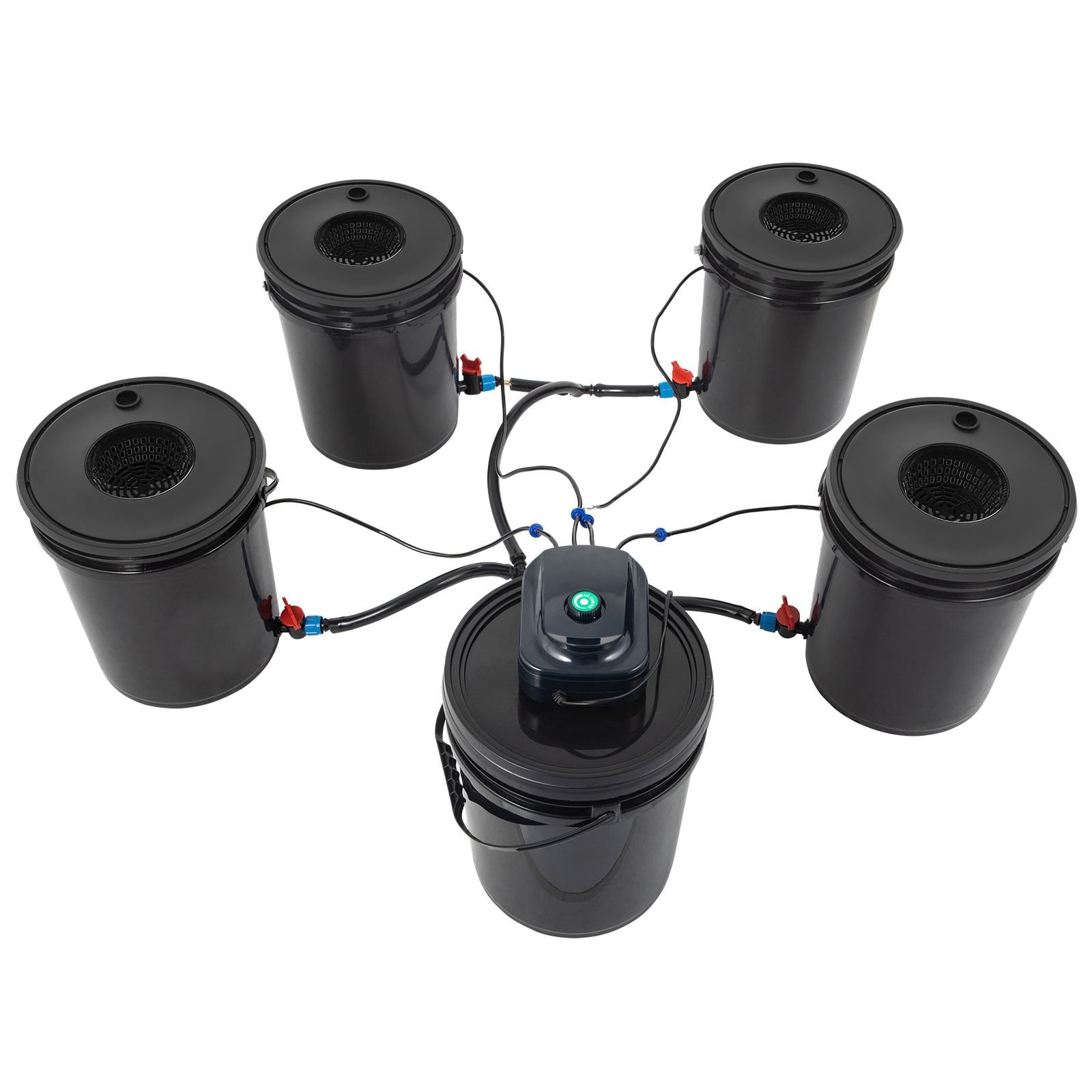 dwc hydroponic system, 5 gallon 5 buckets, deep water culture growing bucket, hydroponics grow kit with pump, air stone and connected reservoir, for indoor/outdoor leafy vegetables