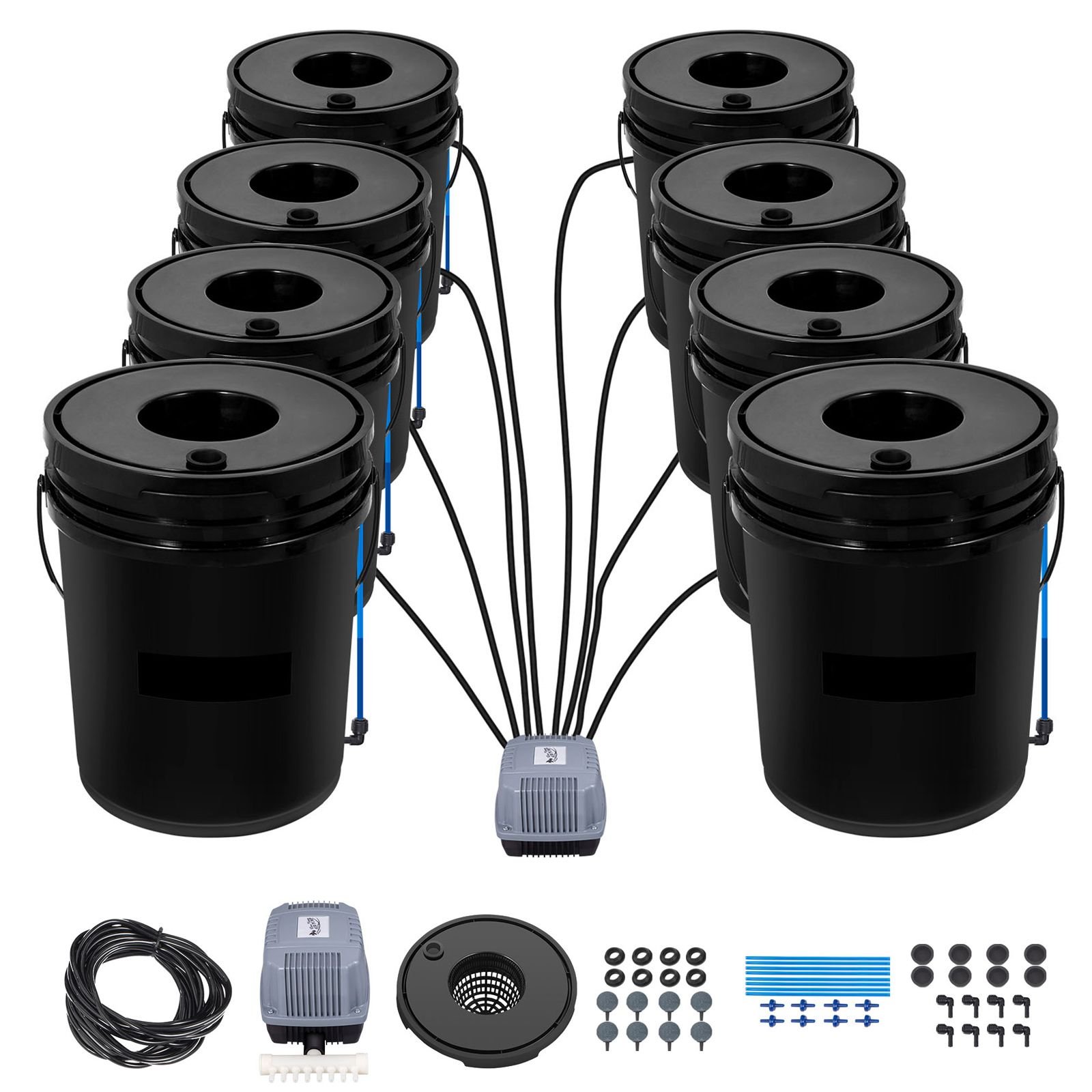 dwc hydroponic system, 5 gallon 8 buckets, deep water culture growing bucket, hydroponics grow kit with pump, air stone and water level device, for indoor/outdoor leafy vegetables