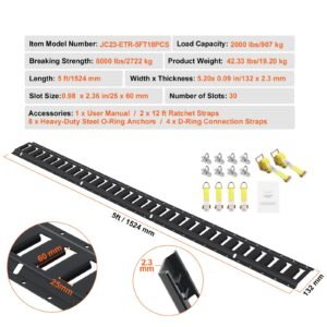 e track tie down rail kit, 18pcs 5' e tracks set includes 4 steel rails & 8 o ring anchors & 4 tie offs with d ring & 2 ratchet straps, securing accessories for cargo motorcycles bikes, 2000 lbs
