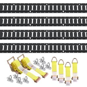 e track tie down rail kit, 18pcs 5' e tracks set includes 4 steel rails & 8 o ring anchors & 4 tie offs with d ring & 2 ratchet straps, securing accessories for cargo motorcycles bikes, 2000 lbs