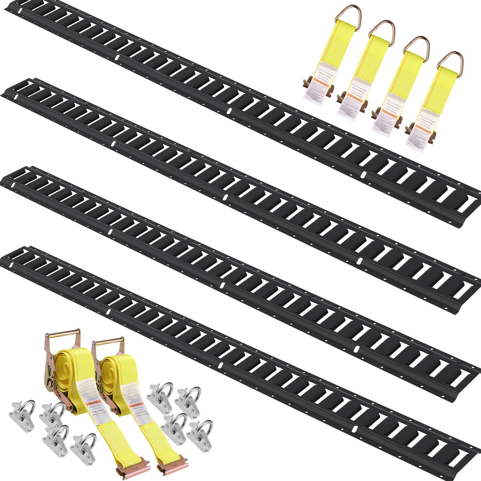 e track tie down rail kit, 18pcs 5' e tracks set includes 4 steel rails & 8 o ring anchors & 4 tie offs with d ring & 2 ratchet straps, securing accessories for cargo motorcycles bikes, 2000 lbs
