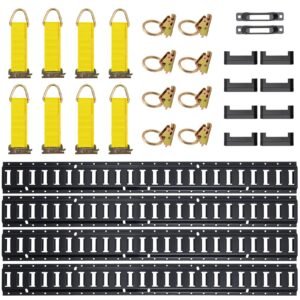 E Track Tie-Down Rail Kit, 30PCS 5FT E-Tracks Set Includes 4 Steel Rails & 2 Single Slot & 8 O Rings & 8 Tie-Offs with D-Ring & 8 End Caps, Securing Accessories for Cargo, Motorcycles, and Bikes