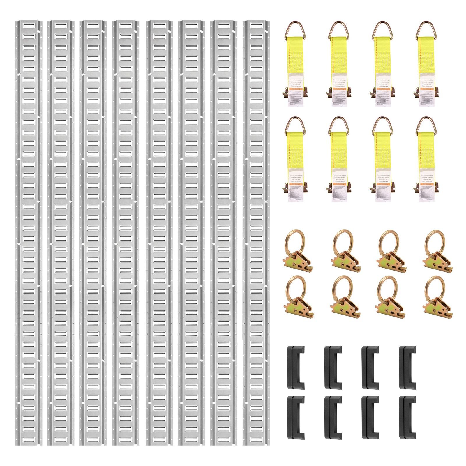 e track tie down rail kit, 34pcs 5ft e tracks set includes 8 steel rails & 2 single slot & 8 o rings & 8 tie offs w/d ring & 8 end caps, securing accessories for cargo, motorcycles, and bikes