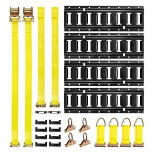 E-Track Tie-Down Rail Kit, 4 Pack 1.3 ft E Tracks Set, 21 Pcs Includes 2 Ratchet Straps & 4 O-Rings & 4 Tie-Offs with D-Ring & 2 Single Slots & 8 End Caps & 1 Bag, Fit for Garages Vans Trailers