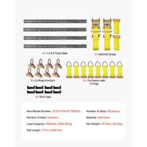 e track tie down rail kit, 4 pack 7.7 ft e track rails, 26 pcs includes 2 ratchet straps & 8 o rings & 8 tie offs with d ring & 8 end caps, fit for garages vans trailers motorcycles