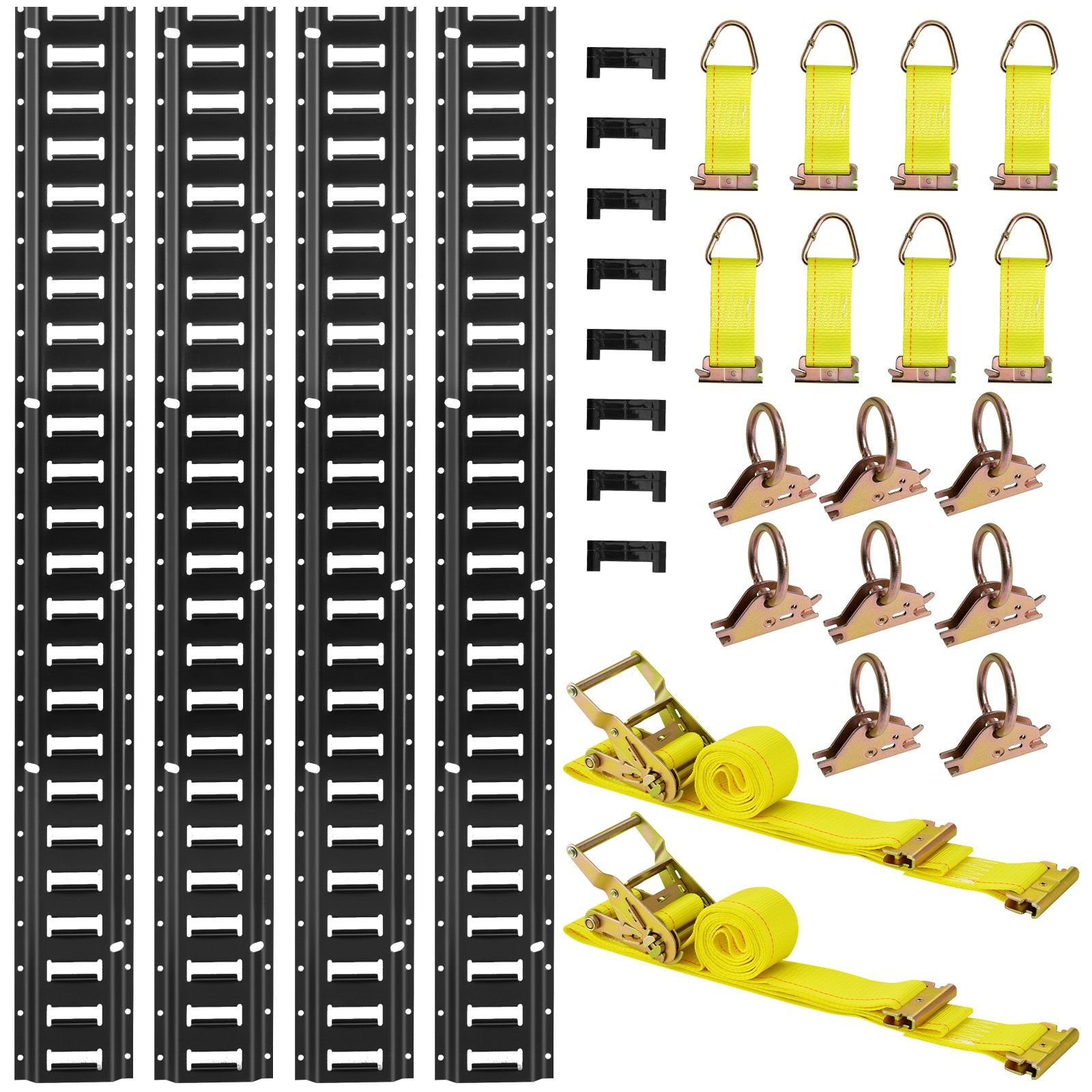 e track tie down rail kit, 4 pack 7.7 ft e track rails, 26 pcs includes 2 ratchet straps & 8 o rings & 8 tie offs with d ring & 8 end caps, fit for garages vans trailers motorcycles