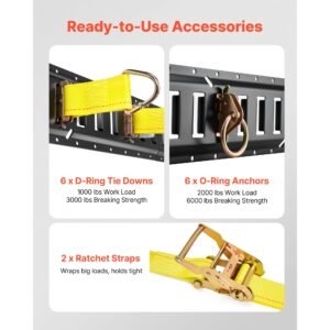 e track tie down rail kit, 6 pack 5 ft e track rails, 26 pcs includes 2 ratchet straps & 6 o rings & 6 tie offs with d ring & 12 end caps, fit for garages vans trailers motorcycles