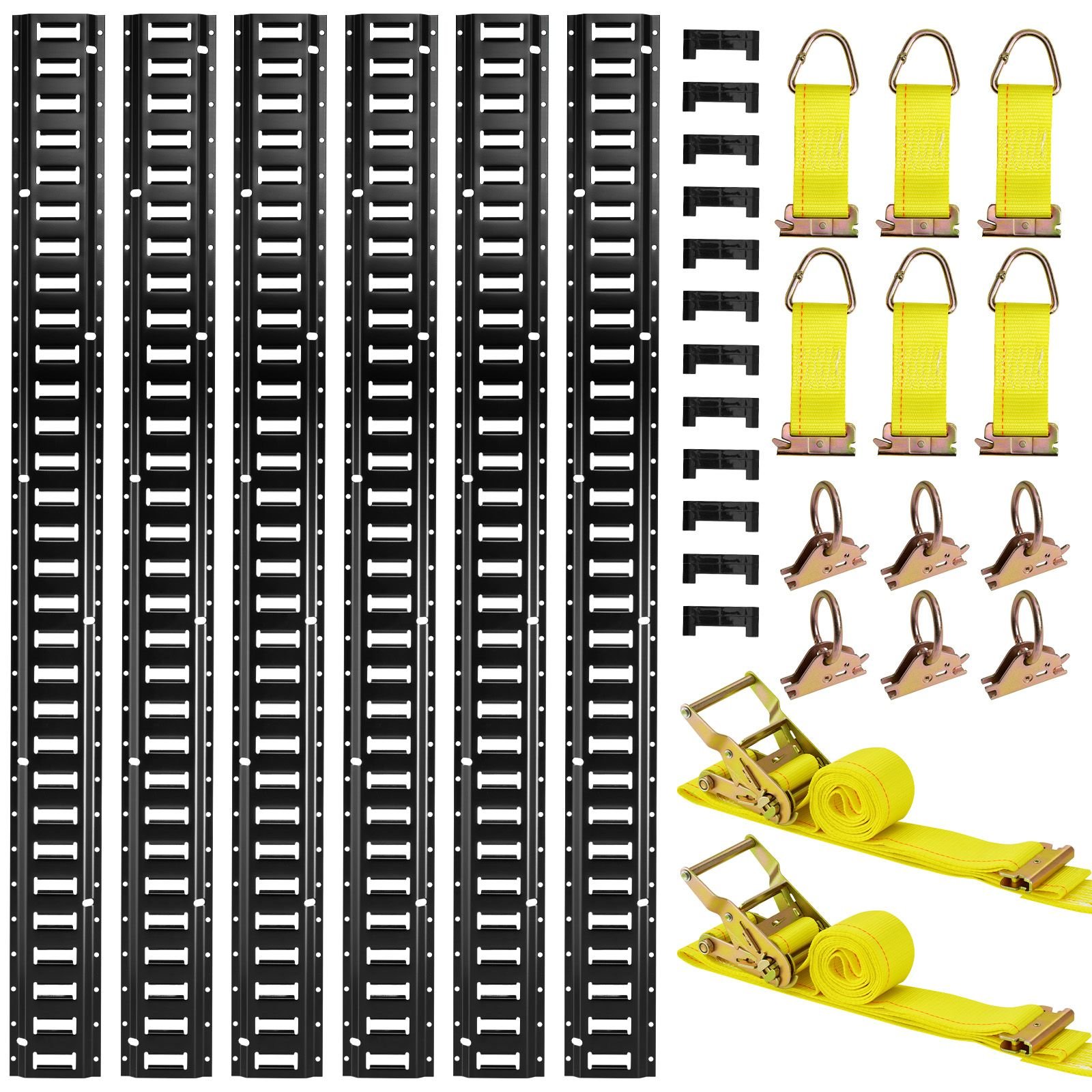 e track tie down rail kit, 6 pack 5 ft e track rails, 26 pcs includes 2 ratchet straps & 6 o rings & 6 tie offs with d ring & 12 end caps, fit for garages vans trailers motorcycles