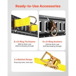 e track tie down rail kit, 8 pack (5ft+4ft+2ft+1ft) e track rails, 36 pcs includes 2 ratchet straps & 8 o rings & 8 tie offs with d ring & 2 single slots & 16 end caps, fit for vans trailers