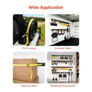 e track tie down rail kit, 8 pack (5ft+4ft+2ft+1ft) e track rails, 36 pcs includes 2 ratchet straps & 8 o rings & 8 tie offs with d ring & 2 single slots & 16 end caps, fit for vans trailers