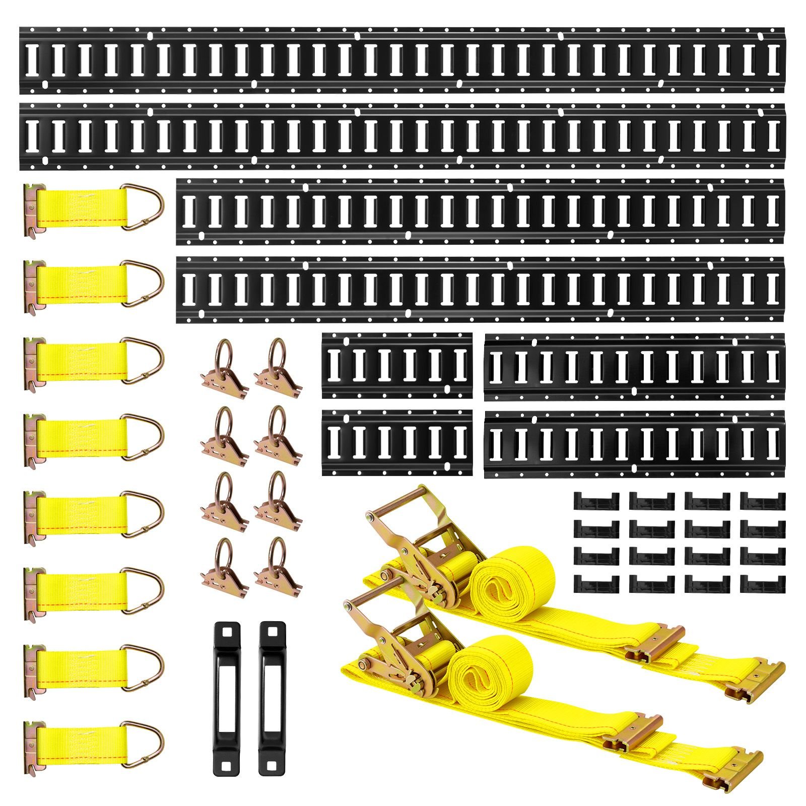 e track tie down rail kit, 8 pack (5ft+4ft+2ft+1ft) e track rails, 36 pcs includes 2 ratchet straps & 8 o rings & 8 tie offs with d ring & 2 single slots & 16 end caps, fit for vans trailers