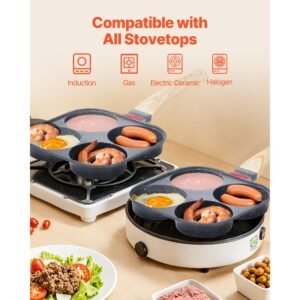 egg pan, 4 cup nonstick egg frying pan, aluminum breakfast omelette skillet for pancakes, hamburgers, sandwiches, with lid, oil brush, scraper, compatible with gas stove & induction cookware