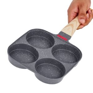 egg pan, 4 cup nonstick egg frying pan, aluminum breakfast omelette skillet for pancakes, hamburgers, sandwiches, with lid, oil brush, scraper, compatible with gas stove & induction cookware