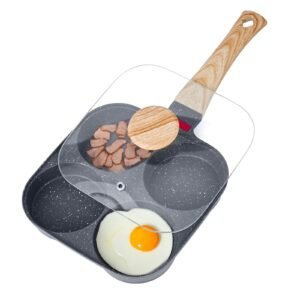 egg pan, 4 cup nonstick egg frying pan, aluminum breakfast omelette skillet for pancakes, hamburgers, sandwiches, with lid, oil brush, scraper, compatible with gas stove & induction cookware