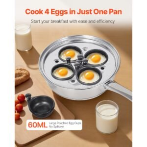 egg poacher pan, 4 cup poached egg maker, stainless steel poaching pan and frying skillet, with 4 nonsitck detachable large cups, lid, and silicone spatula, compatible with induction stovetop