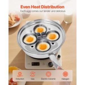 egg poacher pan, 4 cup poached egg maker, stainless steel poaching pan and frying skillet, with 4 nonsitck detachable large cups, lid, and silicone spatula, compatible with induction stovetop