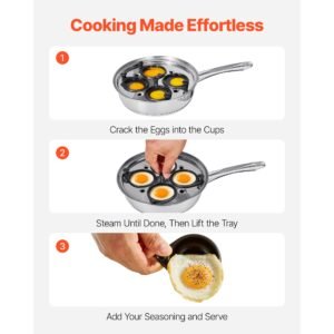 egg poacher pan, 4 cup poached egg maker, stainless steel poaching pan and frying skillet, with 4 nonsitck detachable large cups, lid, and silicone spatula, compatible with induction stovetop