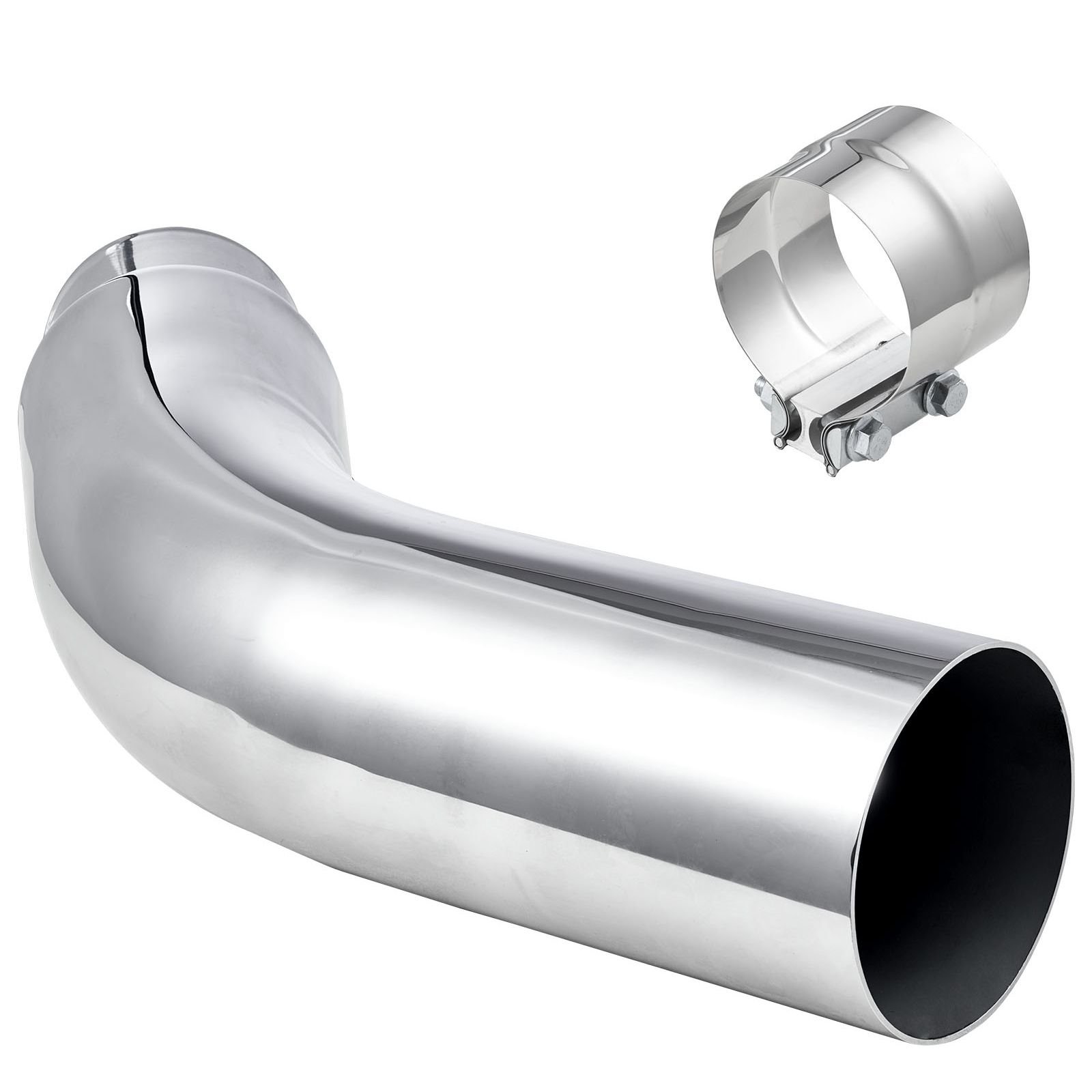 elbow exhaust tip, 4 inch inlet, 5 inch outlet, 23 in overall length, chrome turn down exhaust tip with clamp for truck, sedan, sports car, suv, chrome structure for high temperature resistance