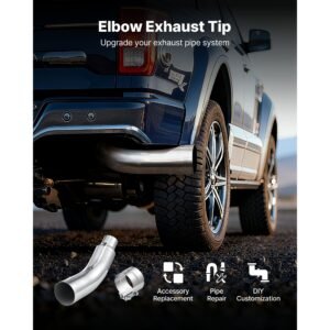 elbow exhaust tip, 4 inch inlet, 6 inch outlet, 23 in overall length, chrome turn down exhaust tip with clamp for truck, sedan, sports car, suv, chrome structure for high temperature resistance
