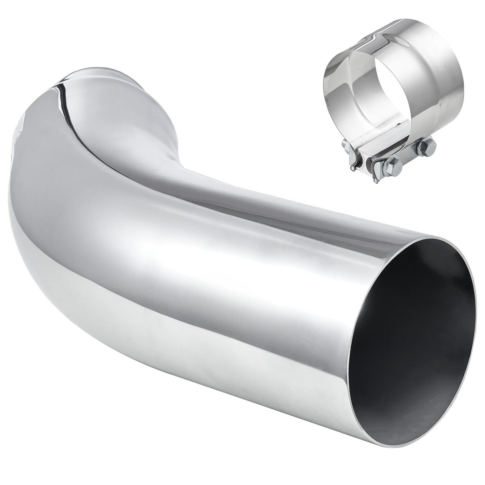 elbow exhaust tip, 4 inch inlet, 6 inch outlet, 23 in overall length, chrome turn down exhaust tip with clamp for truck, sedan, sports car, suv, chrome structure for high temperature resistance