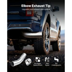 elbow exhaust tip, 5 inch inlet, 6 inch outlet, 23 in overall length, chrome turn down exhaust tip with clamp for truck, sedan, sports car, suv, chrome structure for high temperature resistance