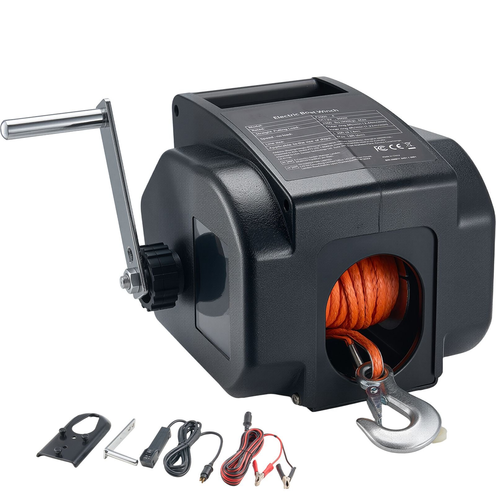 electric boat winch, 12v dc 300w, reversible electric trailer winch for boats up to 2000 lbs, power in, power out, and freewheel operations for boats with wired remote control & hand crank