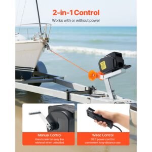 electric boat winch, 12v dc 300w, reversible electric trailer winch for boats up to 2000 lbs, power in, power out, and freewheel operations for boats with wired remote control & hand crank