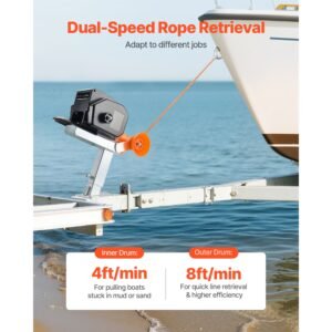 electric boat winch, 12v dc 300w, reversible electric trailer winch for boats up to 2000 lbs, power in, power out, and freewheel operations for boats with wired remote control & hand crank