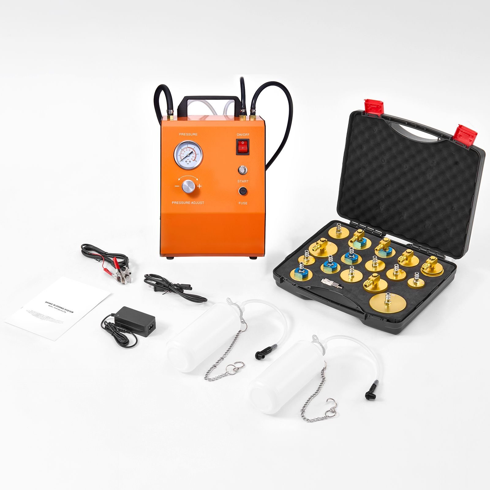 electric brake bleeder kit, professional 110v brake master cylinder bleeder kit with pressure gauge & built in air pump, versatile brake bleeder adapter set for both dc & ac power