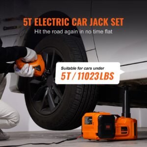 electric car jack, 5 ton/11023 lbs hydraulic jack with electric impact wrench, portable car lift with built in inflatable pump, and led light for suv mpv sedan truck change tires garage repair