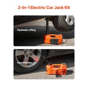 electric car jack, 5 tons /11000 lbs, electric scissor jack with built in inflator, 12v adjustable tire change replacement with secure hammer & led light, portable jack kit for sedan, suv, truck