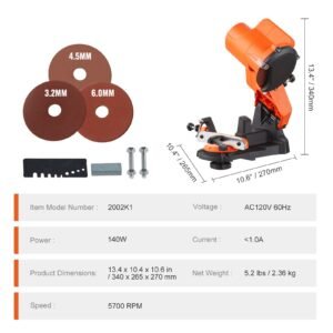 electric chainsaw sharpener, 140w electric saw chain blade sharpener 5700rpm, professional bench chain saw sharpening tool with 3 grinding wheels fit 0.25" to 0.404" pitch chains