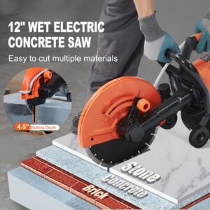 electric concrete saw, 12 in, 1800 w motor circular saw cutter with max. 4.5 in adjustable cutting depth, wet disk saw cutter includes water line, pump and blade, for stone, brick