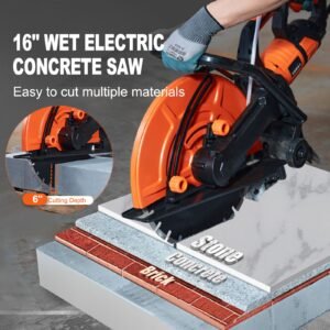 electric concrete saw, 16 in, 3200 w motor circular saw cutter with max. 6 in adjustable cutting depth, wet disk saw cutter includes water line, pump and blade, for stone, brick