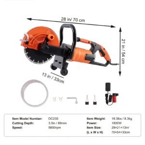 electric concrete saw, 9 in, 1800 w motor circular saw cutter with 3.5 in cutting depth, wet/dry disk saw cutter includes water line, pump and blade, for stone, brick