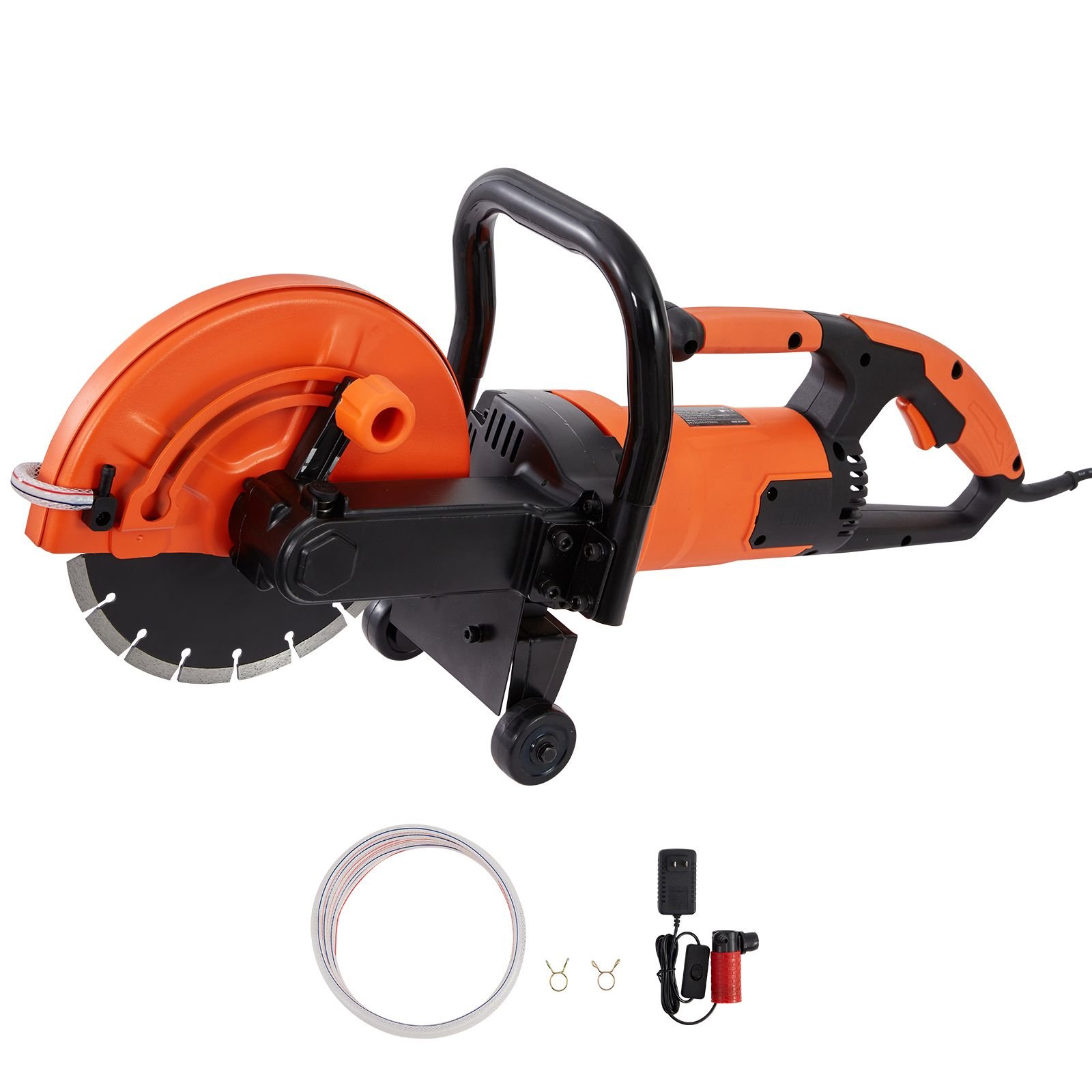 electric concrete saw, 9 in, 1800 w motor circular saw cutter with 3.5 in cutting depth, wet/dry disk saw cutter includes water line, pump and blade, for stone, brick