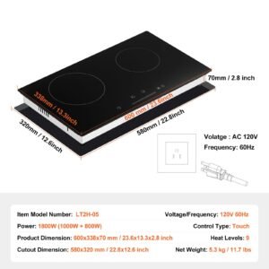 electric cooktop, 24 inch 2 burners built in electric stove top, 1800w ceramic top radiant cooktop with glass panel, touch control, timer, child lock, 9 heat level, residual heat indicator, 120v