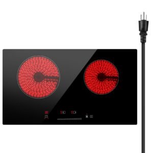 electric cooktop, 24 inch 2 burners built in electric stove top, 1800w ceramic top radiant cooktop with glass panel, touch control, timer, child lock, 9 heat level, residual heat indicator, 120v