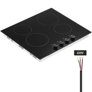 Electric Cooktop, 24 inch 4 Burners Built-in Electric Stove Top, 6000W Ceramic Top Radiant Cooktop, with Glass Panel, Knob Control, 11 Heat Levels, 220-240V, Hard Wire (No Plug)