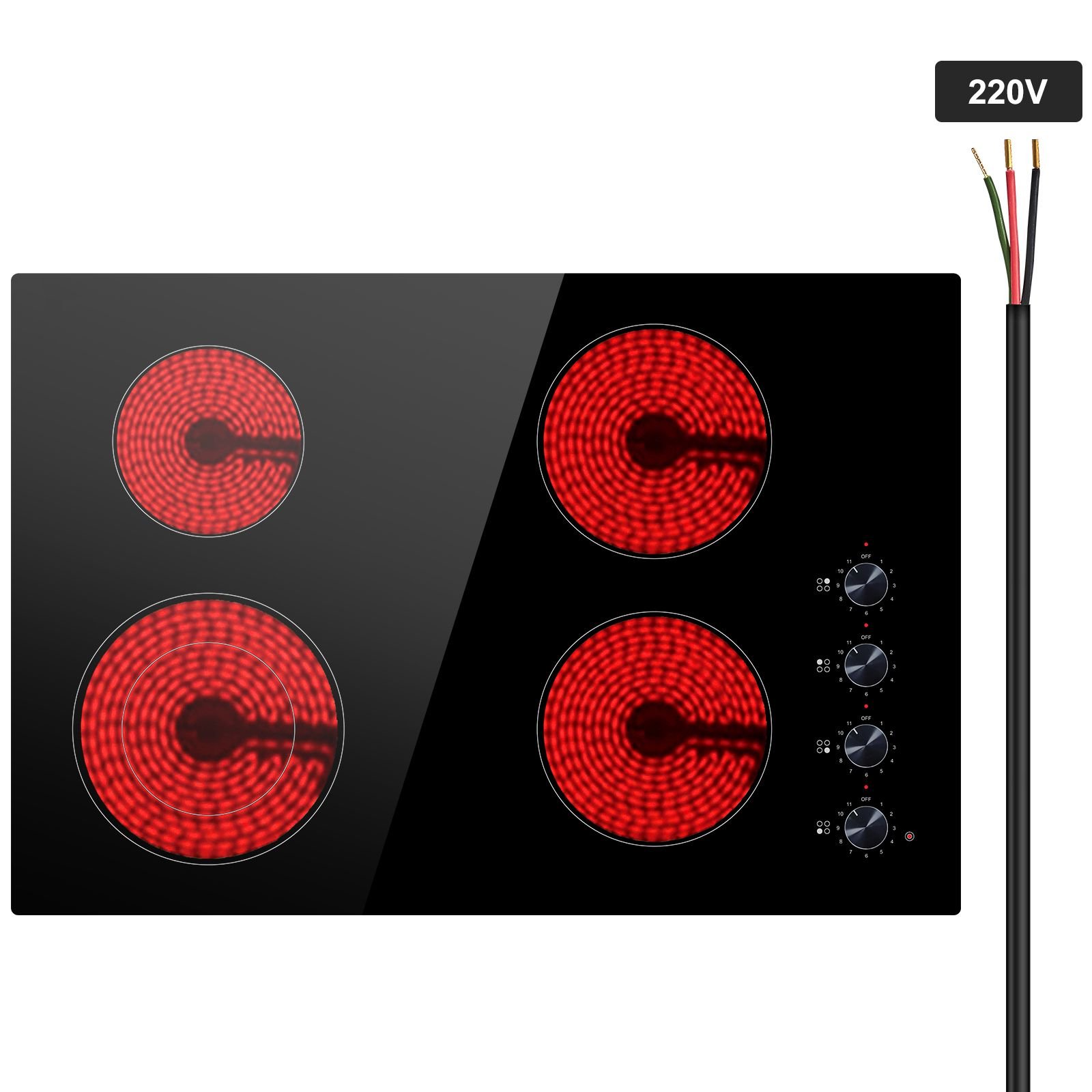 electric cooktop, 30 inch 4 burners built in electric stove top, 7200w ceramic top radiant cooktop, with glass panel, knob control, 11 heat levels, 220 240v, hard wire (no plug)