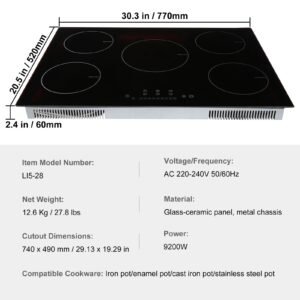 electric cooktop, 5 burners, 30'' induction stove top, built in magnetic cooktop 9200w, 9 heating level multifunctional burner, led touch screen w/ child lock & over temperature protection