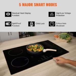 electric cooktop, 5 burners, 30'' induction stove top, built in magnetic cooktop 9200w, 9 heating level multifunctional burner, led touch screen w/ child lock & over temperature protection