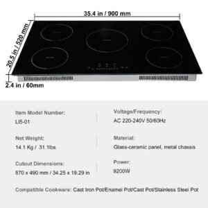 electric cooktop, 5 burners, 36'' induction stove top, built in magnetic cooktop 9200w, 9 heating level multifunctional burner, led touch screen w/ child lock & over temperature protection