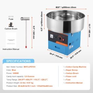 electric cotton candy machine, 1000w candy floss maker, commercial cotton candy machine with stainless steel bowl, sugar scoop, and drawer, perfect for home kids birthday, family party, blue
