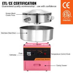 electric cotton candy machine, 1000w candy floss maker, commercial cotton candy machine with stainless steel bowl, sugar scoop, and drawer, perfect for home kids birthday, family party pink