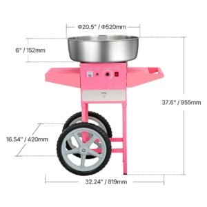 electric cotton candy machine with cart, 1000w commercial candy floss maker with 20.5 in stainless steel bowl, sugar scoop, and drawer, easy to use, for home, kids birthday, family party, pink