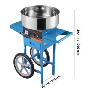 electric cotton candy machine with cart, 1000w commercial candy floss maker with stainless steel bowl, sugar scoop and drawer, perfect for home, kids birthday, family party, blue
